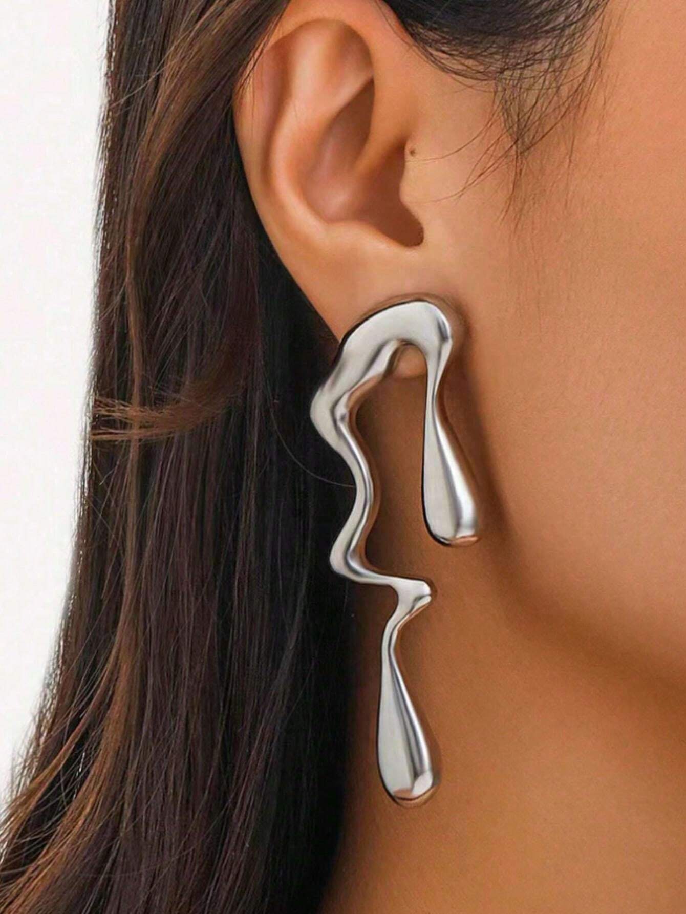 European Style Liquid Metal Water Drop Earrings | Asymmetrical Geometric Statement Jewelry