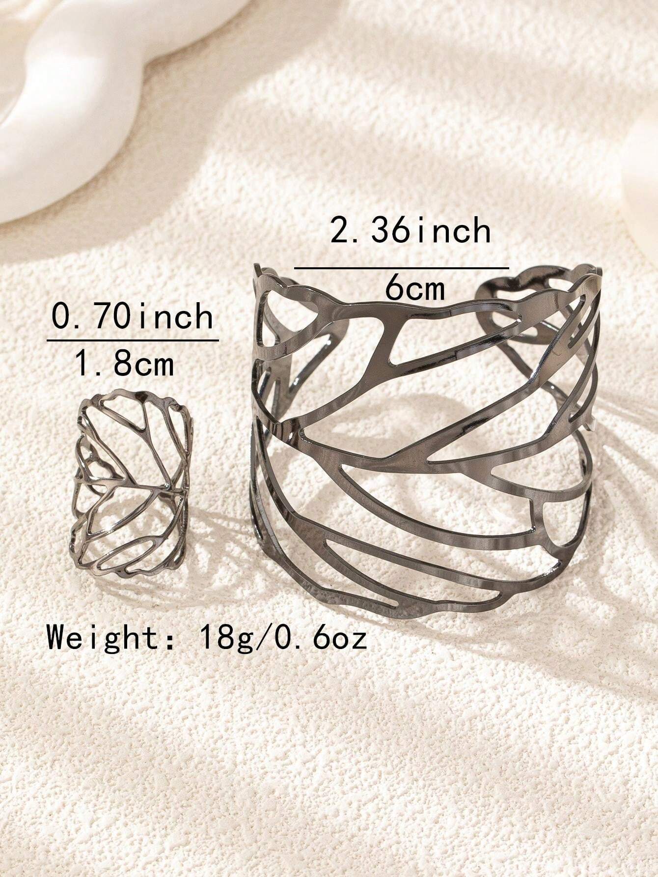 2pcs Hollow Out Leaf-Shaped Ring & Bracelet Set | European & American Creative Metal Jewelry Duo
