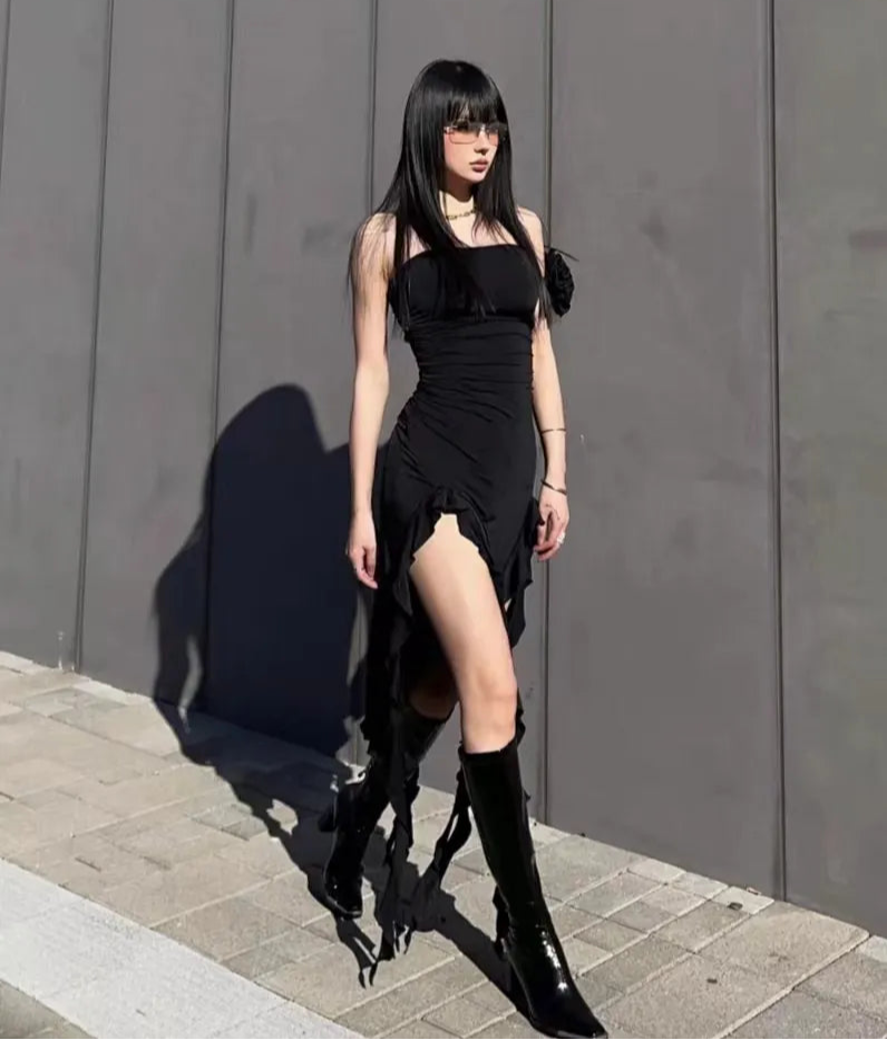 Chic Black Strapless Bodycon Ruffle Hem Dress – Slim Fit Tube Dress –  Fashzeo