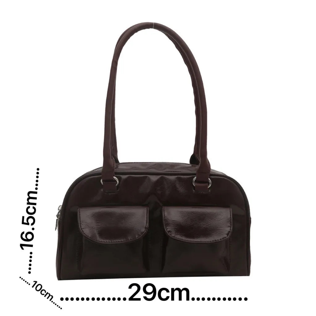 PU Leather Shoulder Handbag – Luxe Gloss Finish & Dual Front Pockets