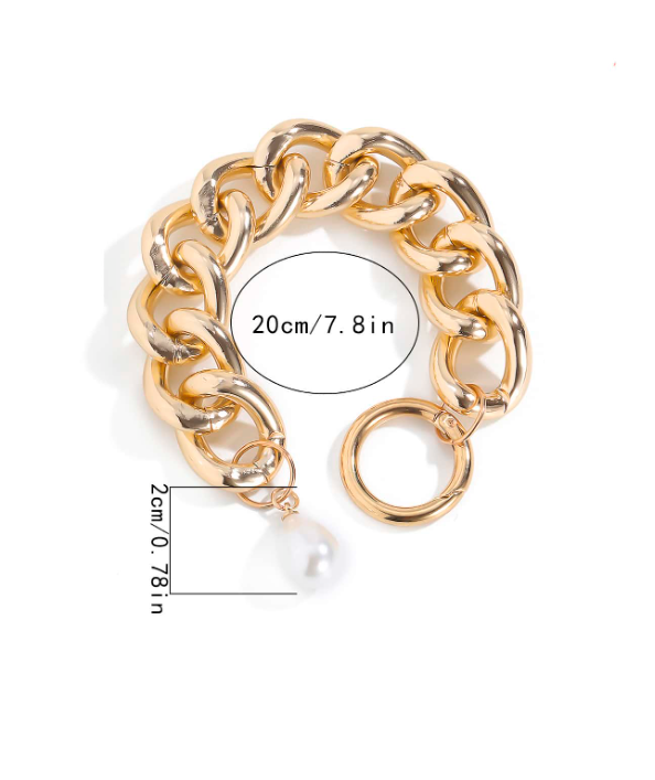 Faux Pearl Decor Chain Bracelet | Elegant Gold-Tone Chunky Chain Bangle in Old Money Style