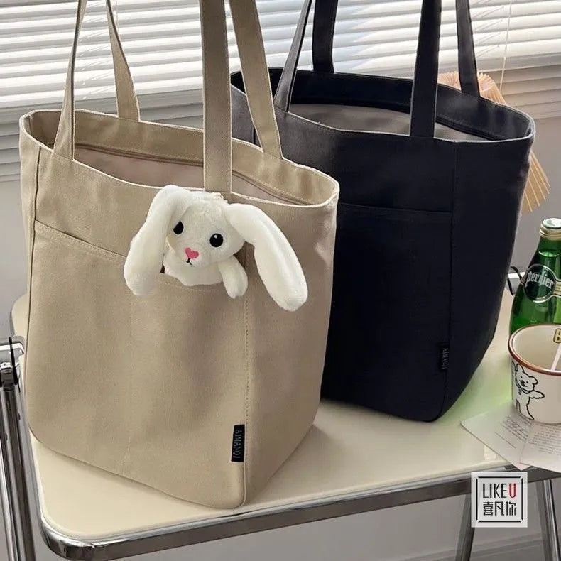 Large Capacity Canvas Tote Bag – Zipper Closure Shoulder Handbag in Neutral Everyday Colors