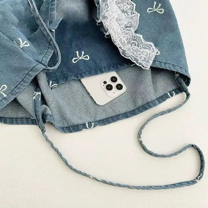 Denim Shoulder Tote Bag – Large Bow Print Jeans Bag