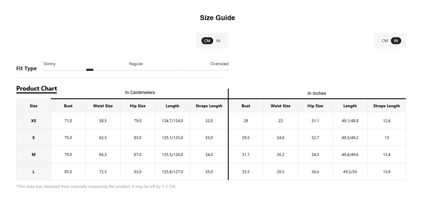 Size guide chart for clothing measurements in centimeters and inches