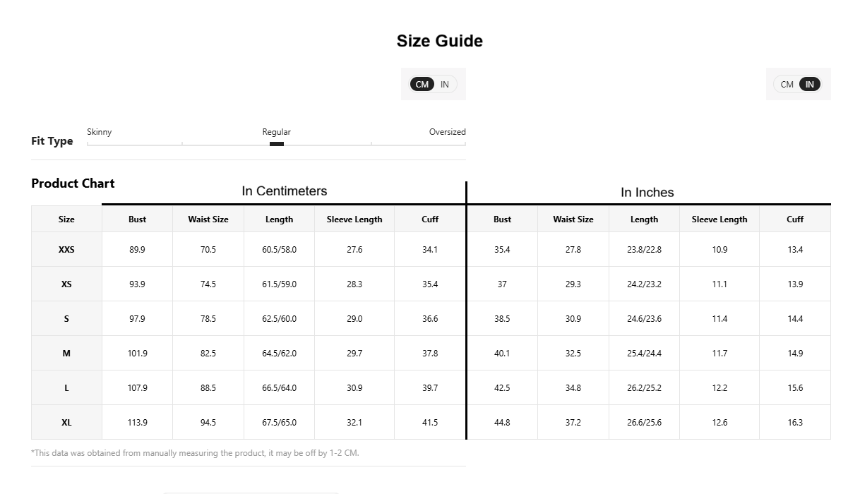 A size guide chart showing product measurements in centimeters and inches for sizes XXS to XL, with fit type tabs at the top and a clean white background.