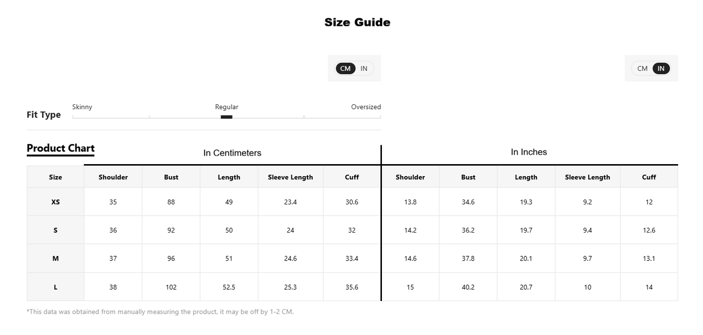 Size chart for clothing with measurements in centimeters and inches.