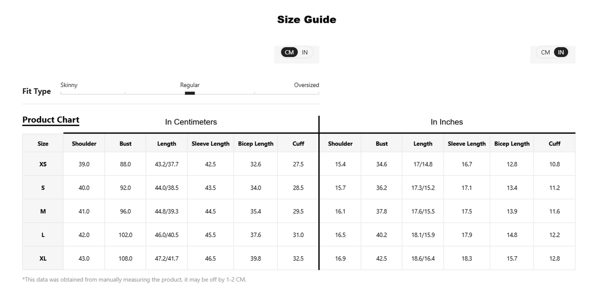 A size guide chart showing product measurements in centimeters and inches for sizes XS through XL, with columns for shoulder, bust, length, sleeve length, and cuff. The chart includes a size type selector and a small size diagram at the top.