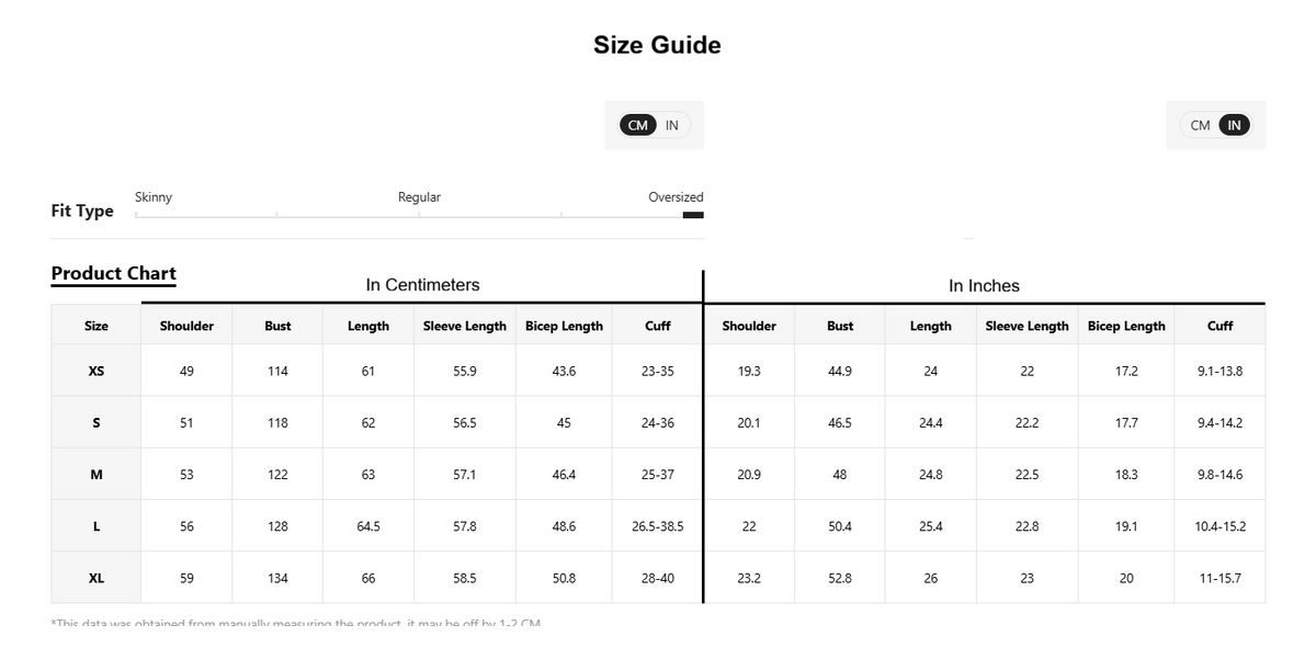 A product size guide chart showing fit type options (Slim, Regular, Oversized) and a size table from XS to XL with measurements in centimeters and inches for shoulder, bust, length, sleeve length, waist, and cuff.