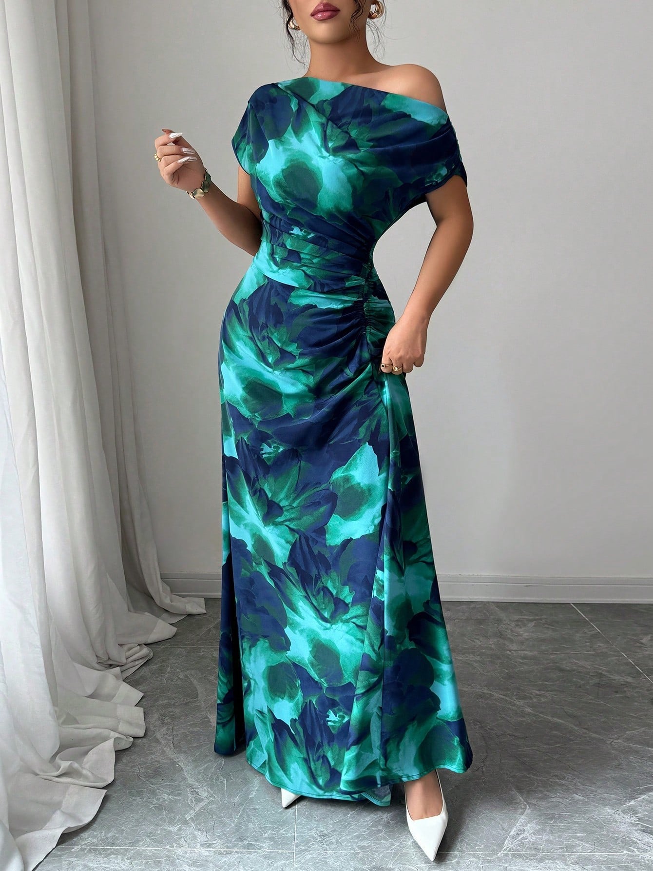 Floral Asymmetrical Ruched Midi Dress