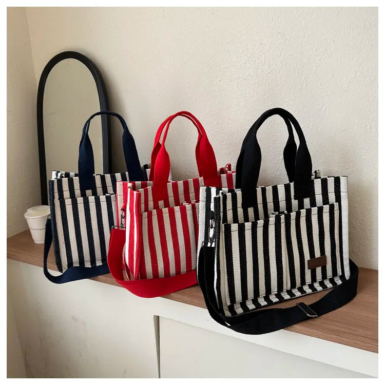 Women’s Striped Canvas Tote Bag – Large Capacity Shoulder & Crossbody Travel Handbag with Magnetic Closure