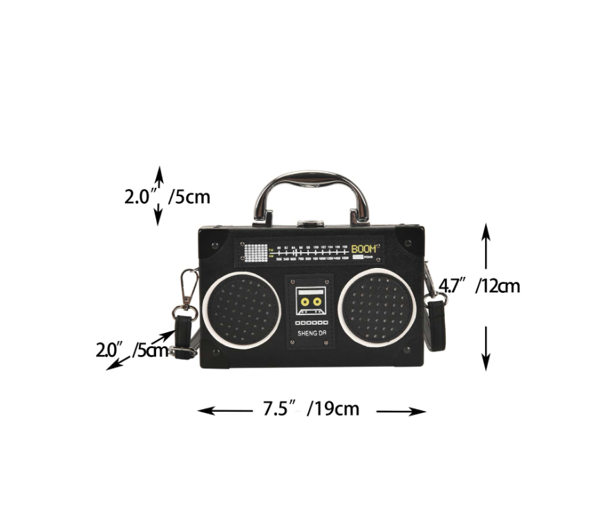 Mini Radio Shaped Box Bag – Trendy Graphic PU Leather Crossbody with Chain Strap | Street Style Statement Handbag
