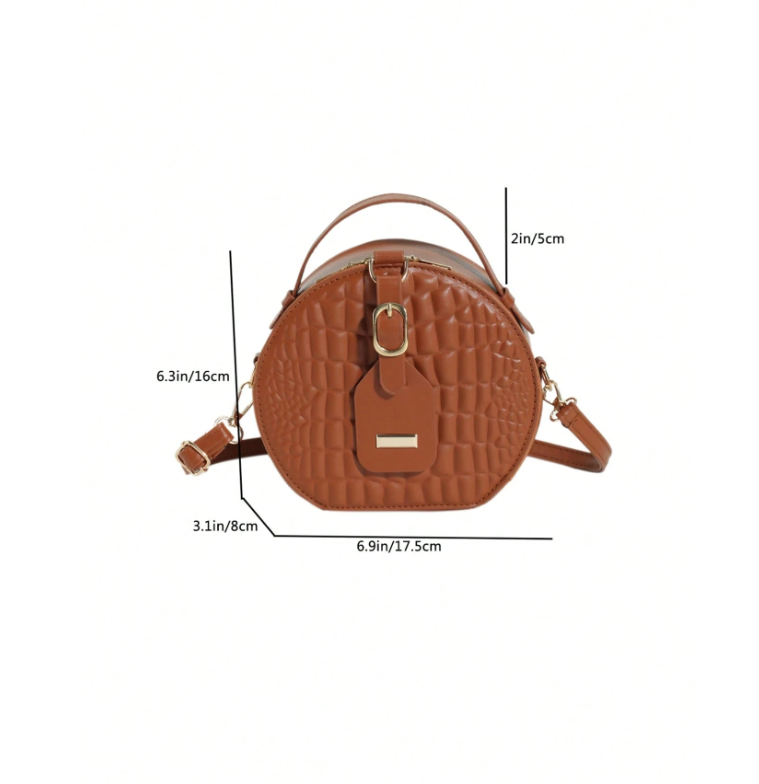 Mini Round Crocodile PU Leather Bag – Retro Brown Circle Handbag with Adjustable Strap