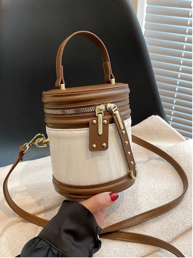 Color Block Brown Bucket Bag – Mini PU Leather Cylinder Handbag with Top Handle & Zipper