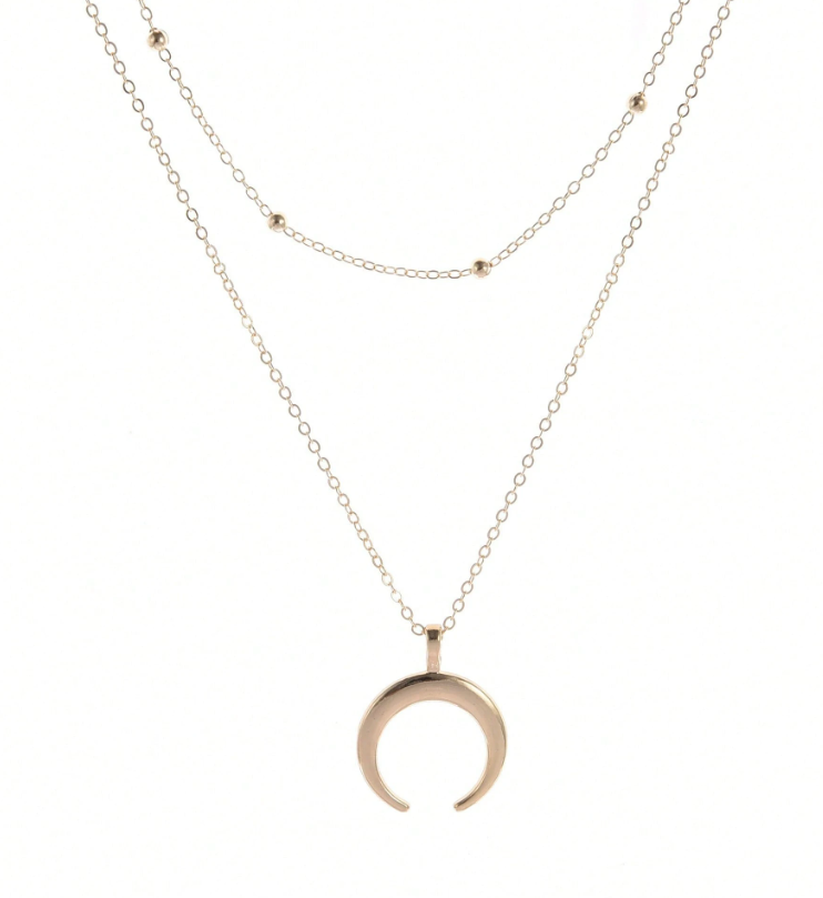 Double-Layer Punk Crescent Pendant Necklace – Gold Beaded Chain for Edgy & Trendy Everyday Looks
