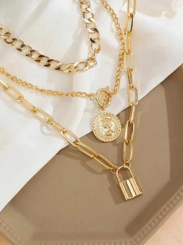Punk-Style Vintage Multi-Layer Lock & Portrait Necklace – OT Clasp Gold Chain for Women