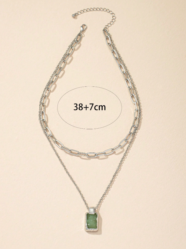 Trendy Geometric Charm Layered Necklace – Double-Layer Pendant with Rhinestone & Gemstone Accents