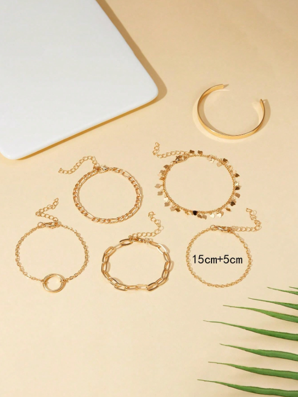 6pcs/Set Gold Geometric & Leaf Shaped Chunky Chain Bracelet Set | Trendy Boho Layered Wrist Jewelry