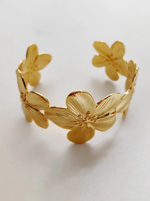 Golden Flower Open Cuff Bracelet | Elegant Textured Floral Metal Bangle Jewelry for Daily & Festive Wear