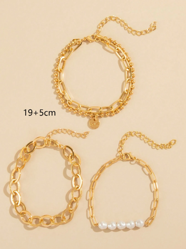 4pcs Set Faux Pearl Decor Chain Bracelets | Layered Gold-Tone Beaded Jewelry for Beach & Daily Wear
