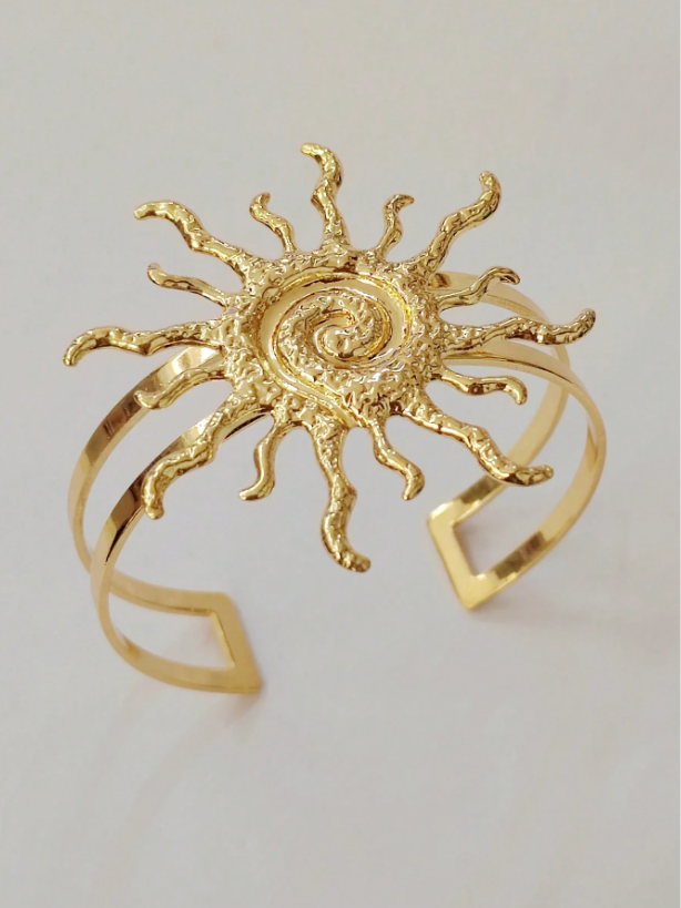 Golden Sun Circle Flower Open Cuff Bracelet | Trendy Gold Bangle Jewelry