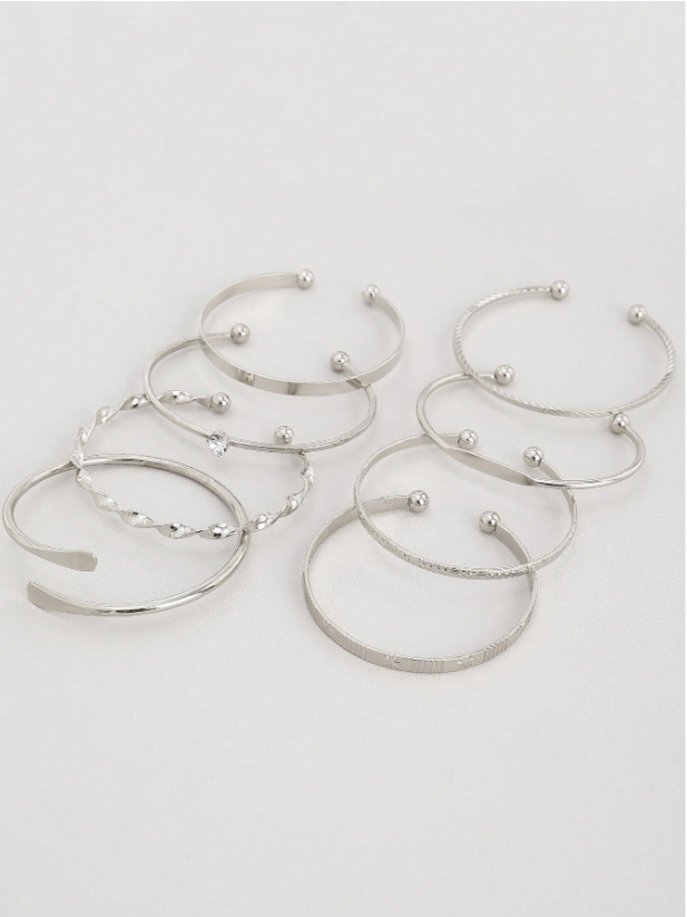 8pcs European & American Style Hammered Floral Hexagram Bangle Set | Twist Open Gold & Silver Bracelets