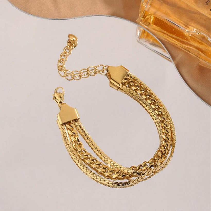 Triple Layered Crossed Hand Chain Bracelet | 18K Plated French-Style Gold Stainless Steel Bracelet for Daily & Party Wear