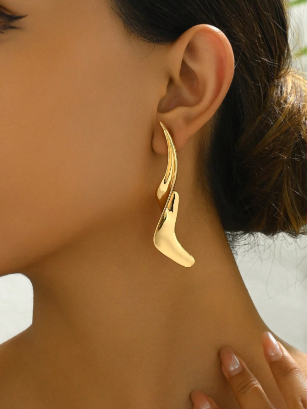 Gold Abstract S-Shaped Long Earrings | Modern Geometric Statement Jewelry