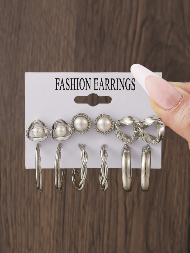 6Pairs of Women Pearl & Rhinestone Earring Set – Elegant Geometric Studs for Daily & Party Wear