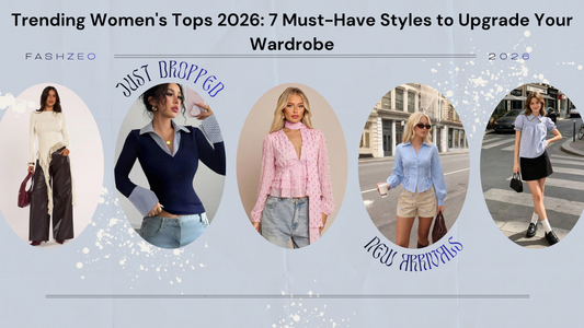 Fashzeo fashion banner showcasing trending women's tops for 2026, featuring new arrivals like asymmetrical ruffle tops, layered sweaters, tie-neck blouses, lace-up corset shirts, and gingham collar styles