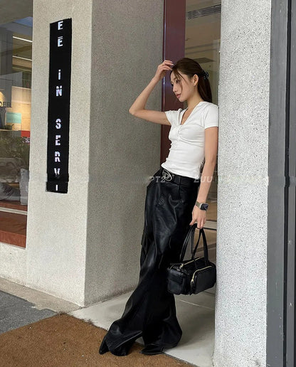 Basic Pleated V-Neck T-Shirt | Slim Fit Short Sleeve Solid Top | Casual Cute Style