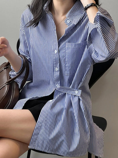 Chic Korean-Style Blue Striped Shirt for Women | Long Sleeve Button-Down with Back Slit | Trendy Casual Top