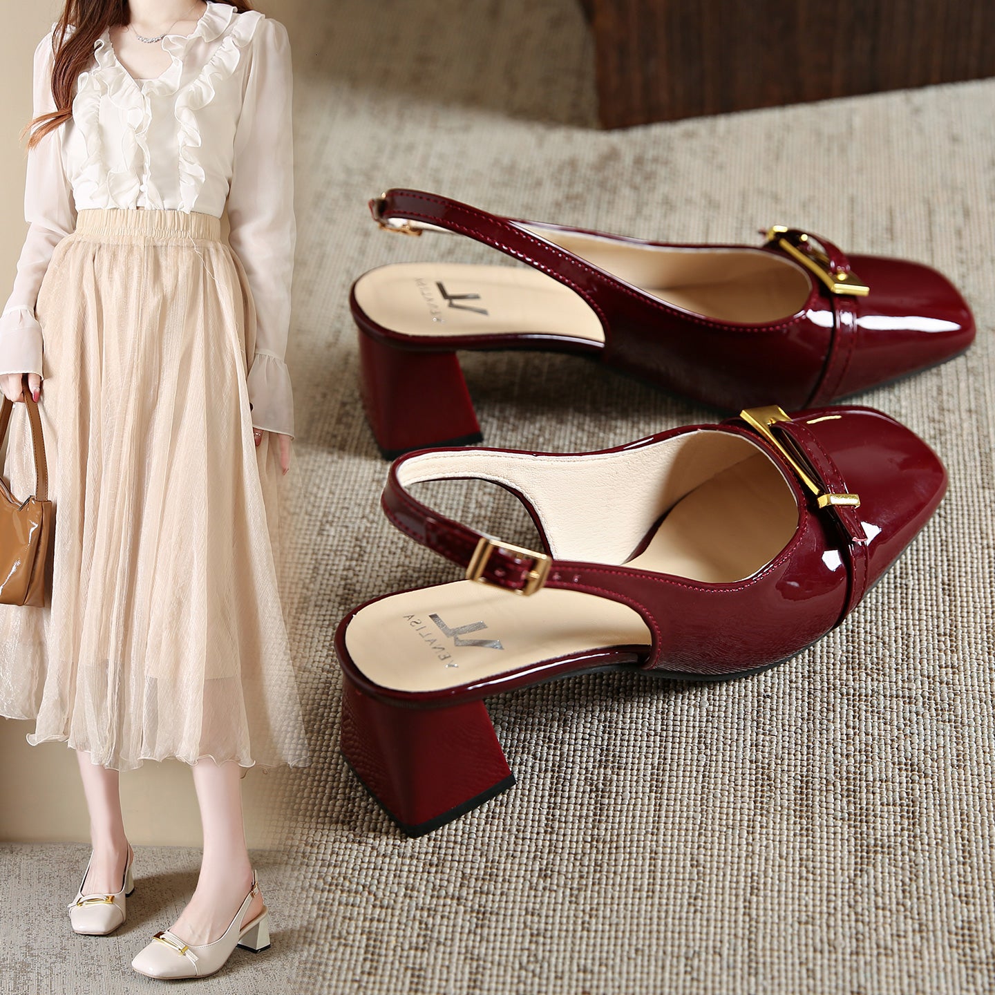 Chic Slingback Square Toe Heels for Women – 5.5cm Block Heels | French-Style