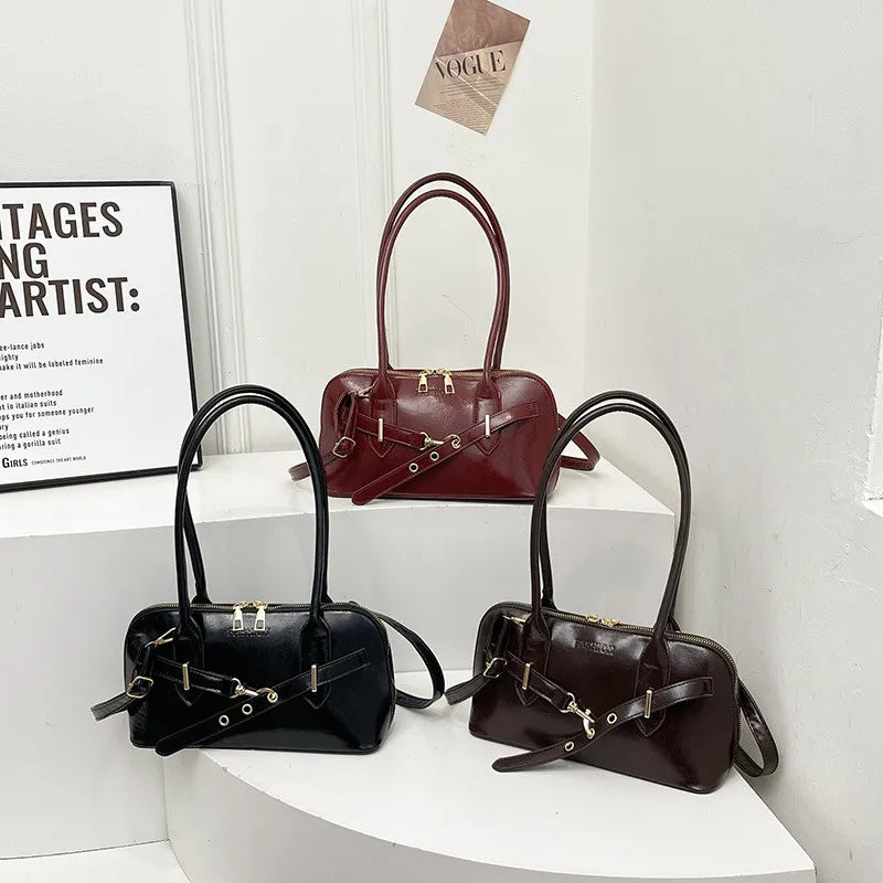 Retro PU Leather Shoulder Bag – Large Capacity Underarm Bowling Style Handbag