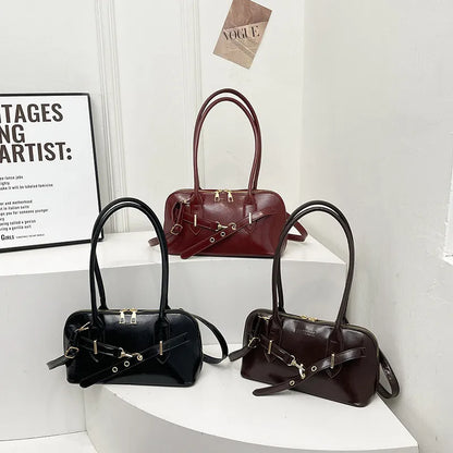 Retro PU Leather Shoulder Bag – Large Capacity Underarm Bowling Style Handbag