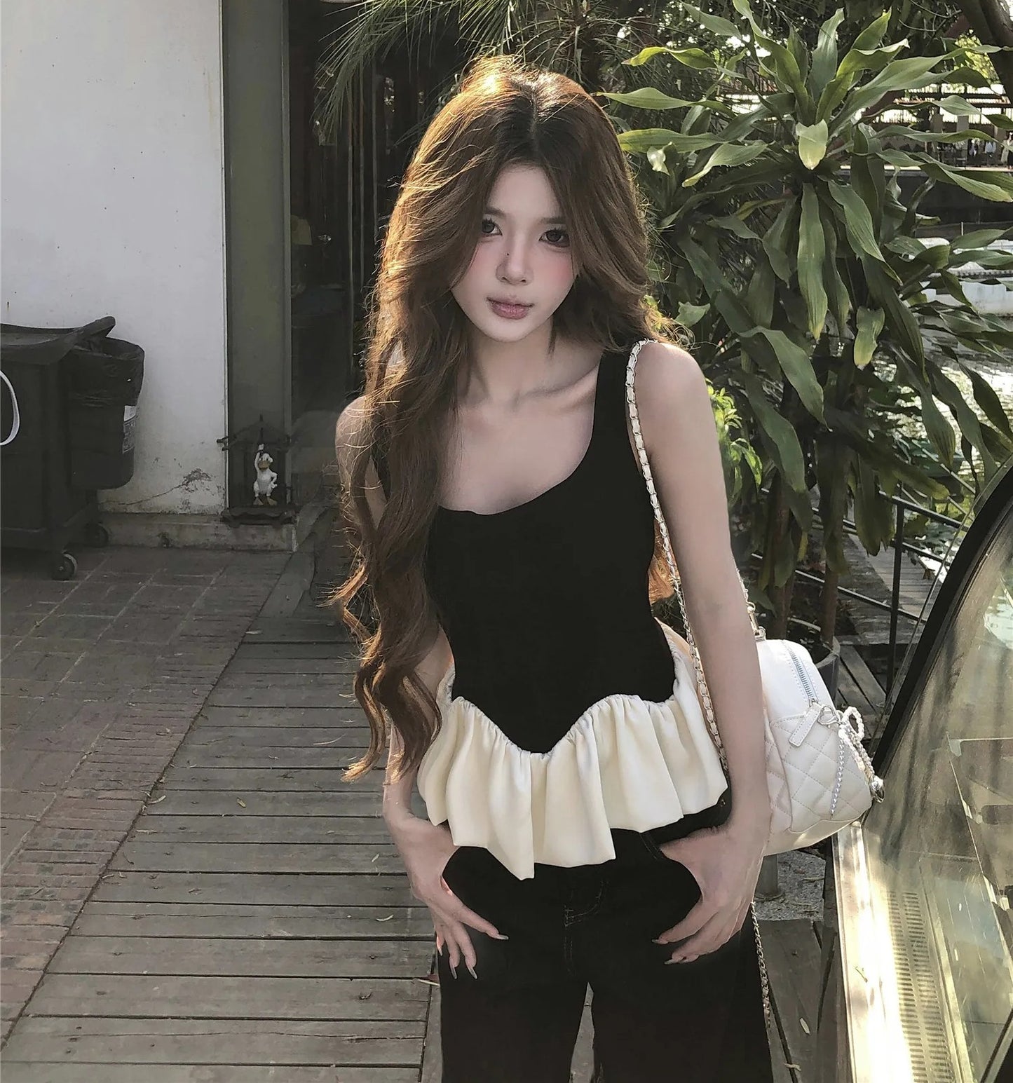 Black U-Neck Peplum Crop Top with Cream Ruffle Hem – Sleeveless Minimalist Aesthetic Tank