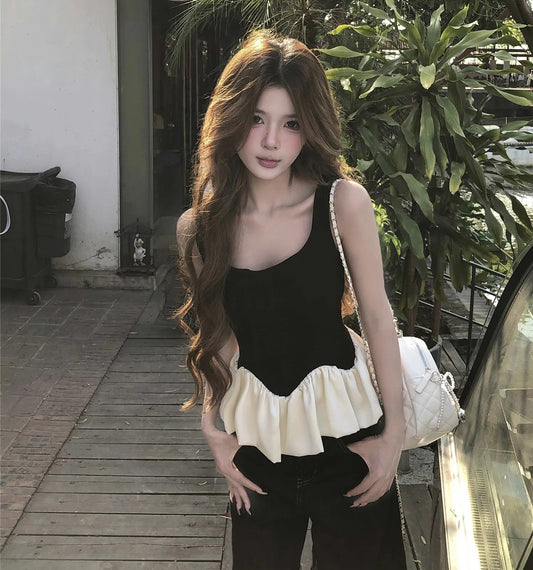 Black U-Neck Peplum Crop Top with Cream Ruffle Hem – Sleeveless Minimalist Aesthetic Tank