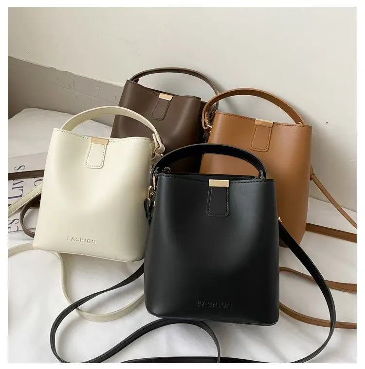 Trendy PU Leather Bucket Bag – Minimalist Shoulder, Crossbody & Handbag | Solid Color, Large Capacity