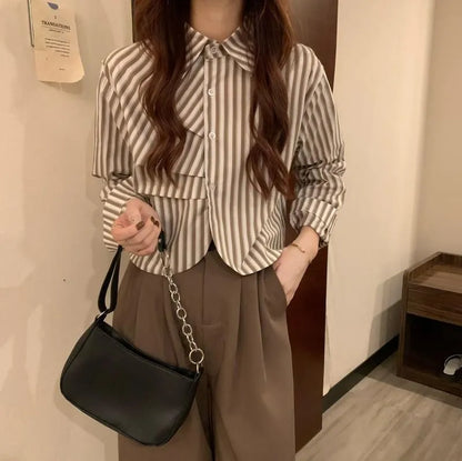 Korean Striped Long Sleeve Crop Shirt for Women | Polo Collar Casual Aesthetic Top | Cotton Blend