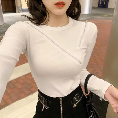 Edgy Women’s Long Sleeve Zipper Cutout Top | Slim Fit Striped Hollow Blouse | Party & Casual Streetwear