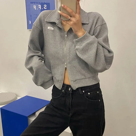 Waffle Knit Zipper Cardigan | Trendy Short Slim-Fit Jacket for Spring & Autumn