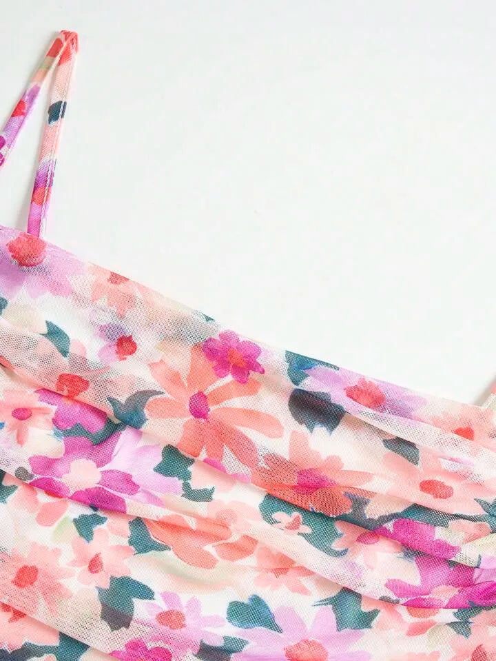 Y2K Floral Mesh Strappy Crop