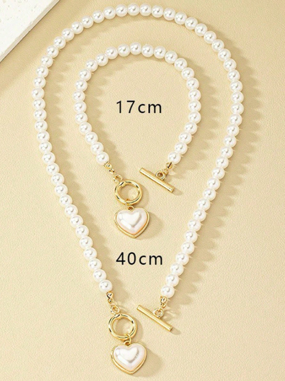 Elegant Pearl Heart Pendant Necklace & Bracelet Set – Trendy Jewelry for Daily & Party Looks