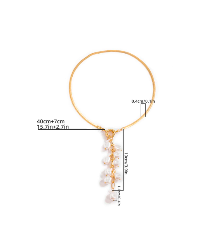 Gold necklace with pearl drops and measurements on a white background