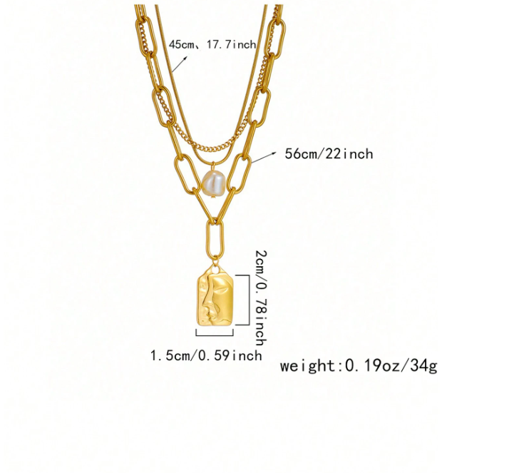 Gold chain necklace with measurements on a white background