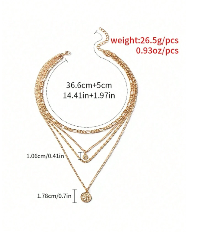 Gold necklace set with measurements and weight details on a white background