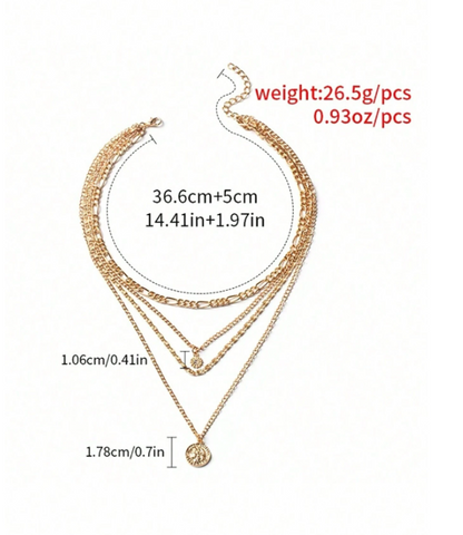 Gold necklace set with measurements and weight details on a white background