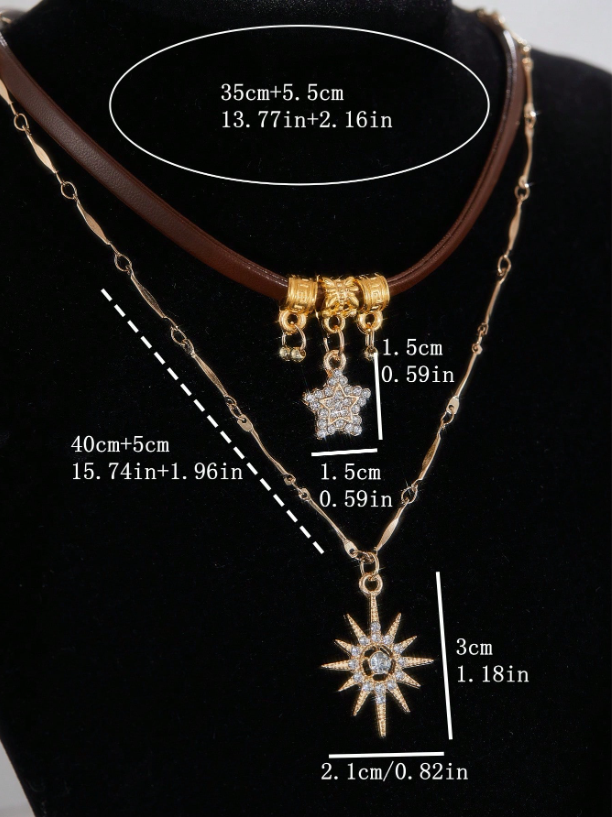 Necklace with star-shaped pendant and measurements on a black background