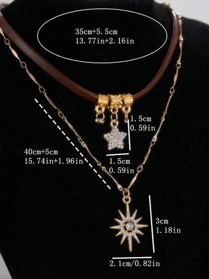 Necklace with star-shaped pendant and measurements on a black background