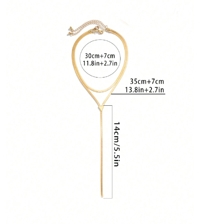 Gold necklace with measurements on a white background