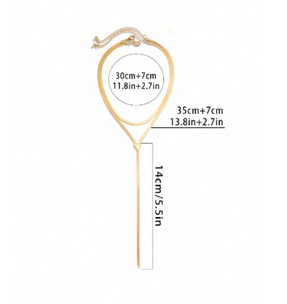 Gold necklace with measurements on a white background